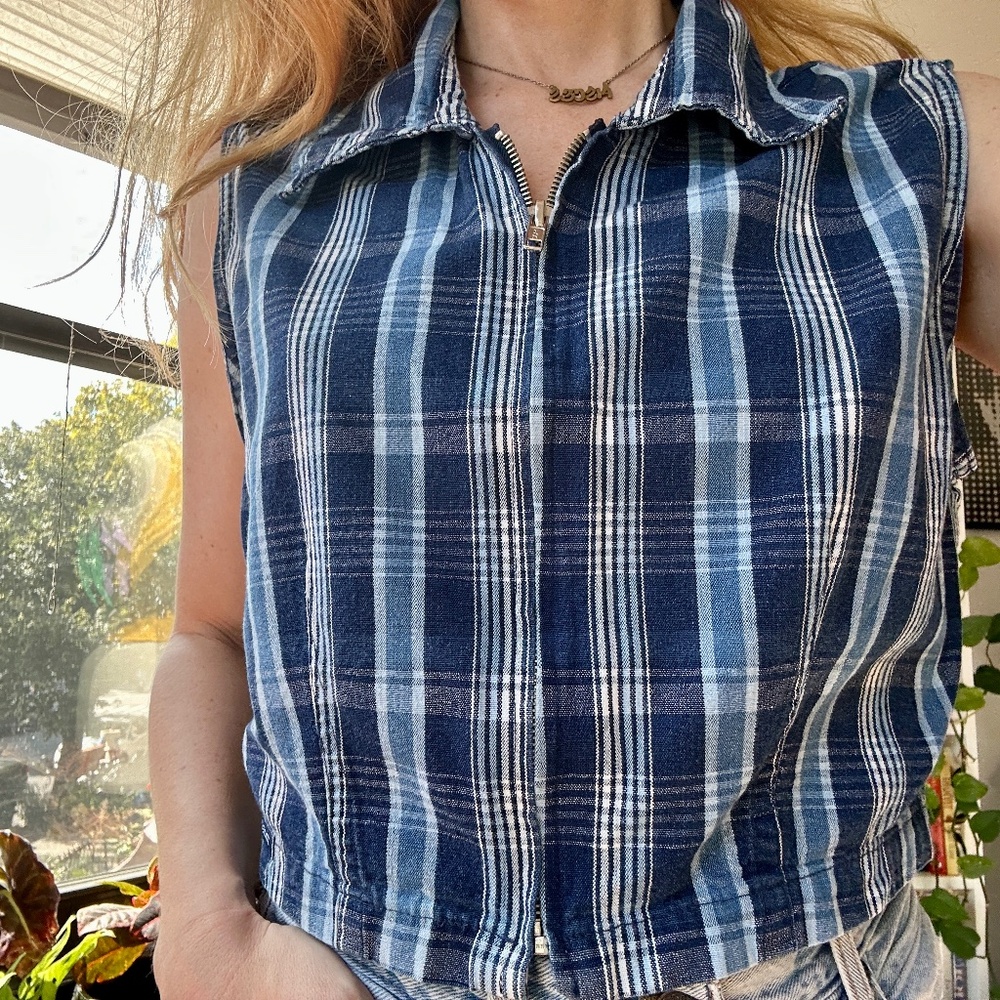 No Excuses Plaid Denim Zip Up Sleeveless Top